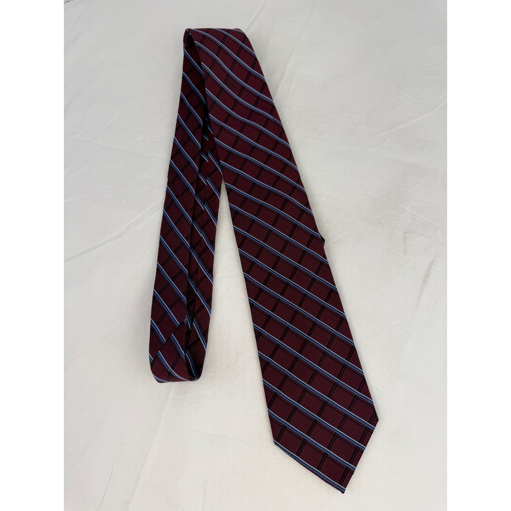 Enro‎ Mens Silk Tie Burgundy Blue Plaid Diagonal Stripe Extra Long Tall Necktie